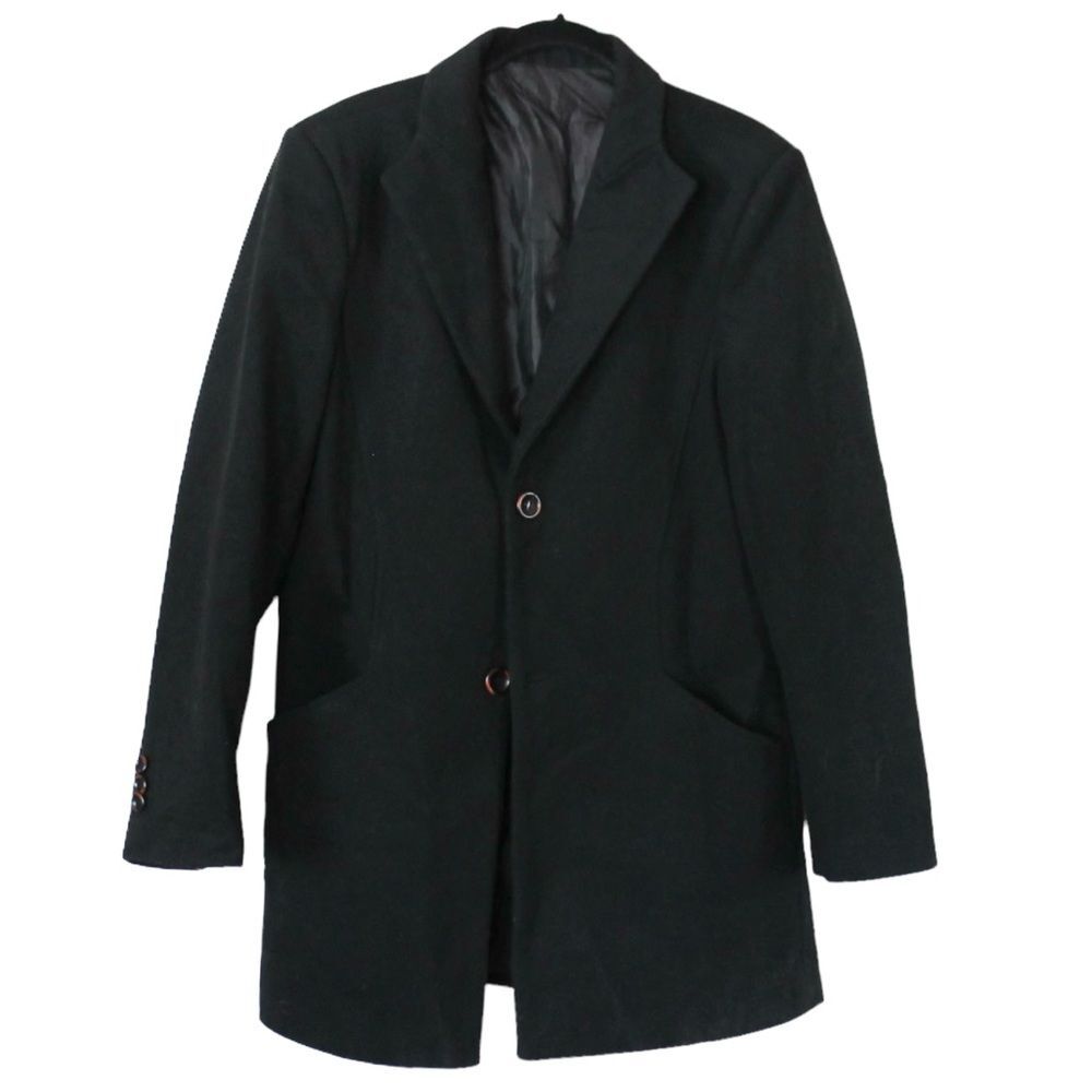Men's Wool Blend Lined Long Black 2 Button Front Dress Coat w/Pockets Size XL
